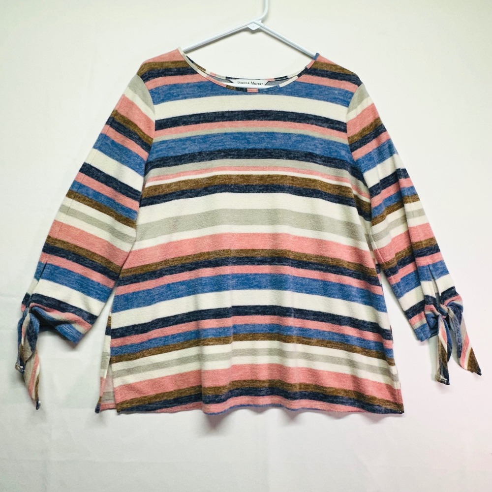 Rebecca Malone Pastel Stripes 3/4 Sleeves Pullover Fuzzy Soft Sweater Womens L
